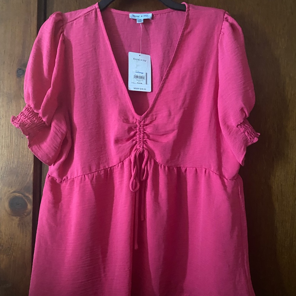 FLORAL & IVY Women's Puff Sleeve Floral Embroidered Top, Medium, Pink